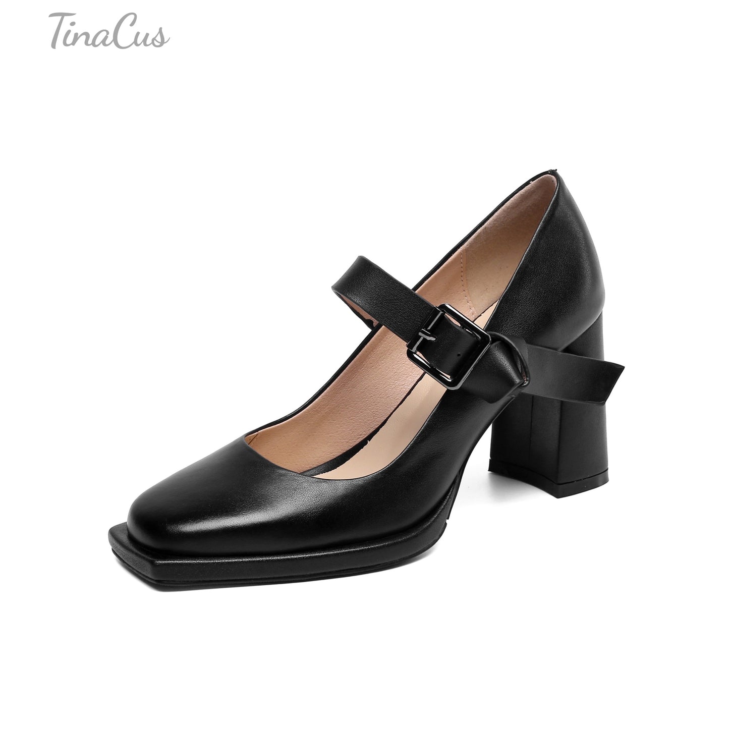 TinaCus Women's Square Toe Genuine Leather Handmade Buckle High Chunky Heels Trendy Pumps Shoes