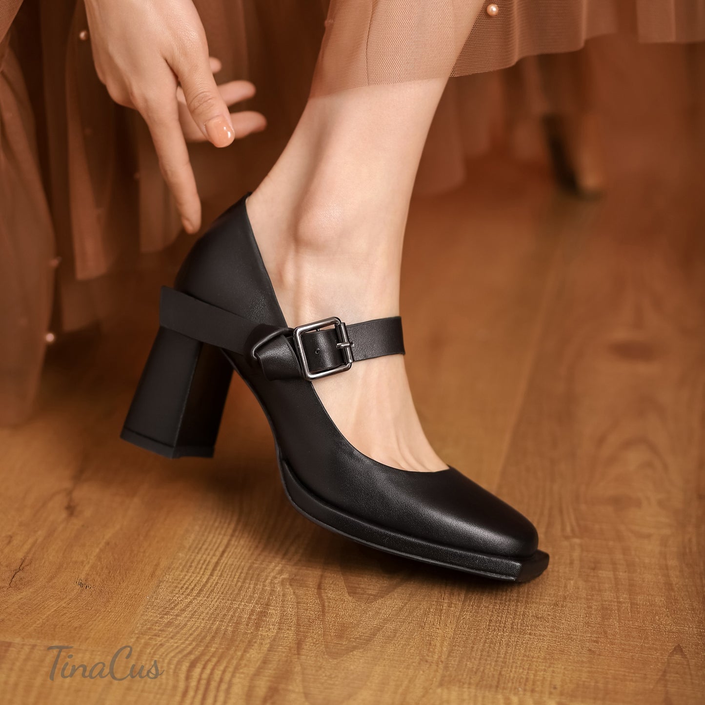 TinaCus Women's Square Toe Genuine Leather Handmade Buckle High Chunky Heels Trendy Pumps Shoes