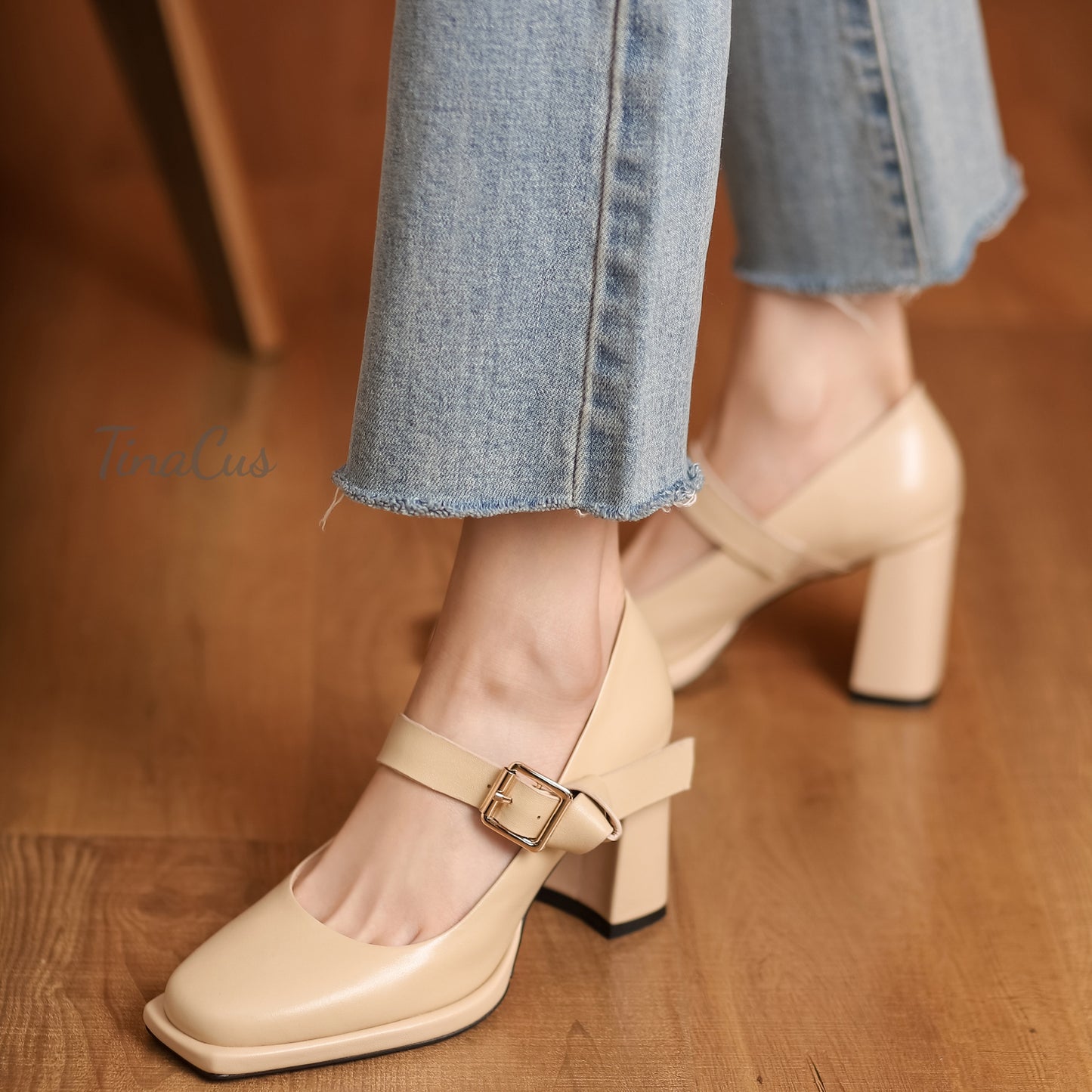 TinaCus Women's Square Toe Genuine Leather Handmade Buckle High Chunky Heels Trendy Pumps Shoes