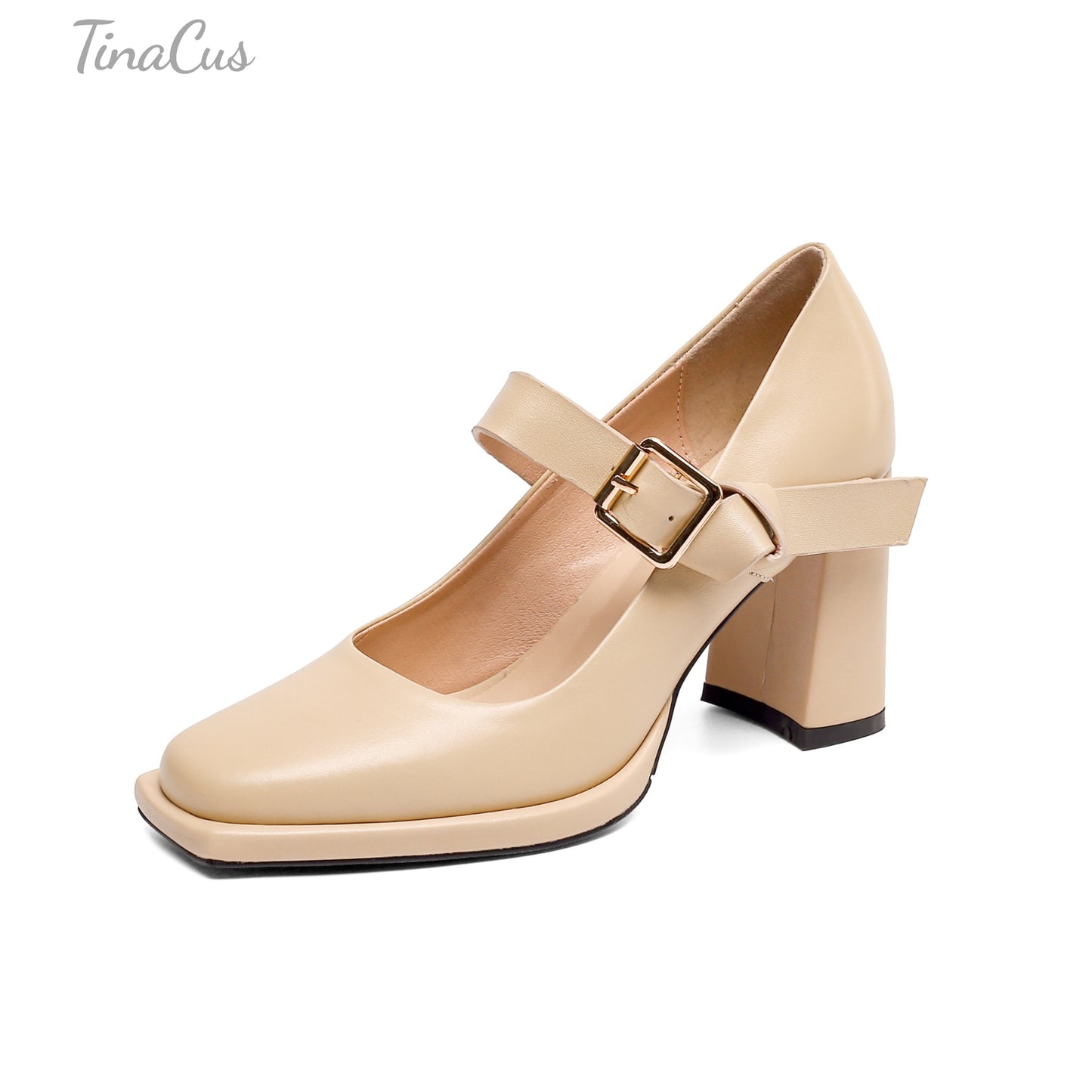 TinaCus Women's Square Toe Genuine Leather Handmade Buckle High Chunky Heels Trendy Pumps Shoes