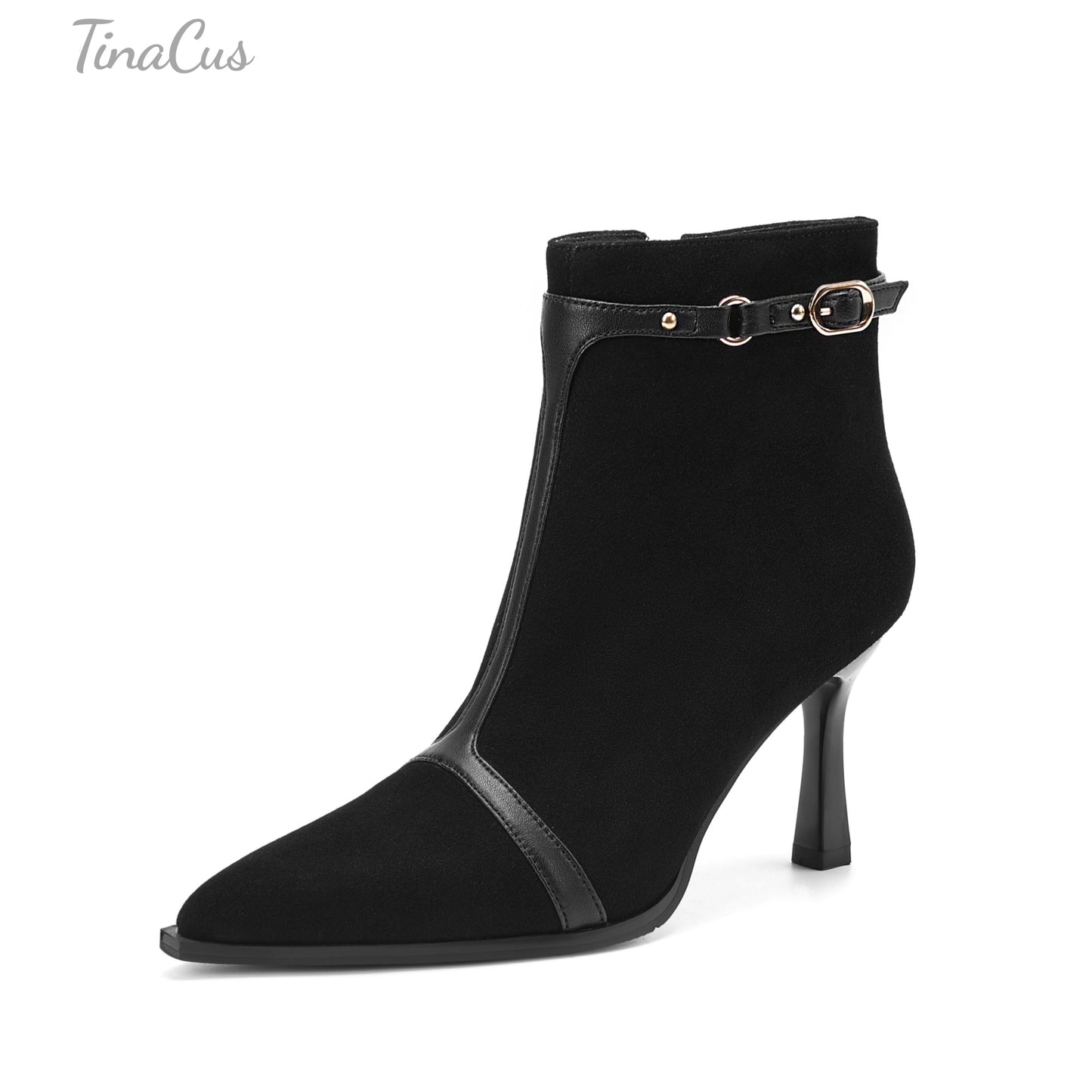 TinaCus Women's Pointed Toe Genuine & Suede Leather Handmade Strap Buckle Zip up Stiletto Heels Ankle Boots
