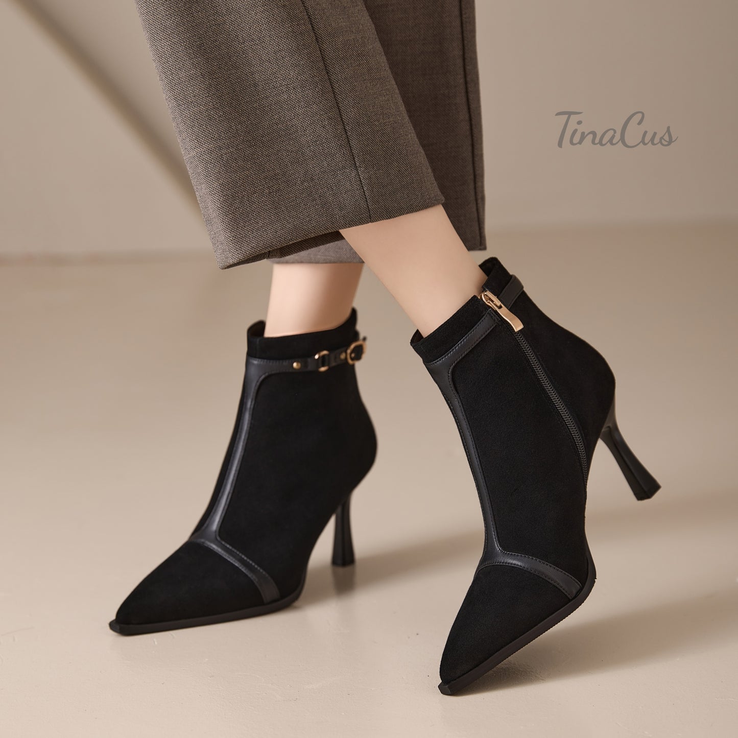 TinaCus Women's Pointed Toe Genuine & Suede Leather Handmade Strap Buckle Zip up Stiletto Heels Ankle Boots