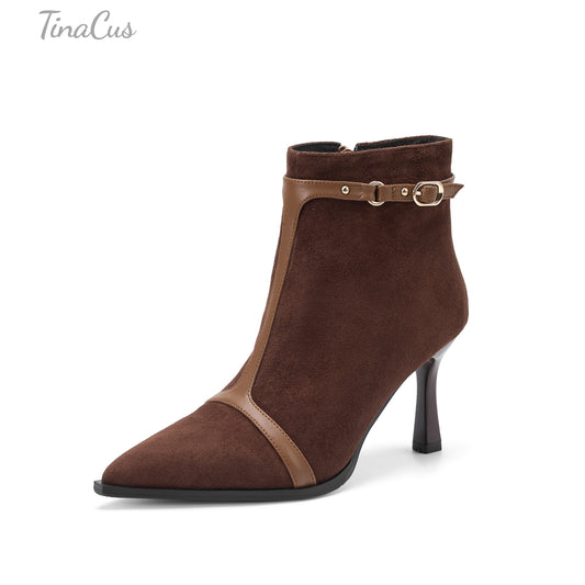 TinaCus Women's Pointed Toe Genuine & Suede Leather Handmade Strap Buckle Zip up Stiletto Heels Ankle Boots