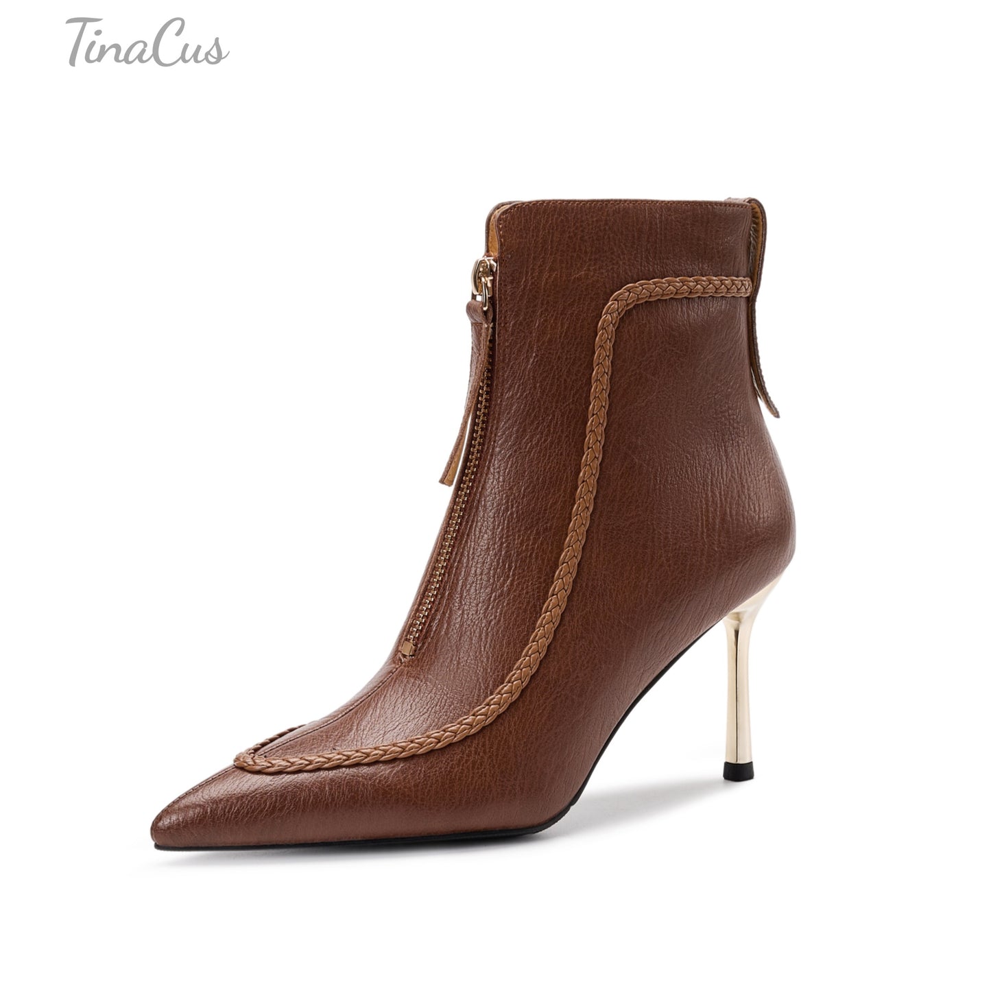 TinaCus Stiletto High Heels Ankle Boots Women's Pointed Toe Genuine Leather Handmade Front Zipper Booties
