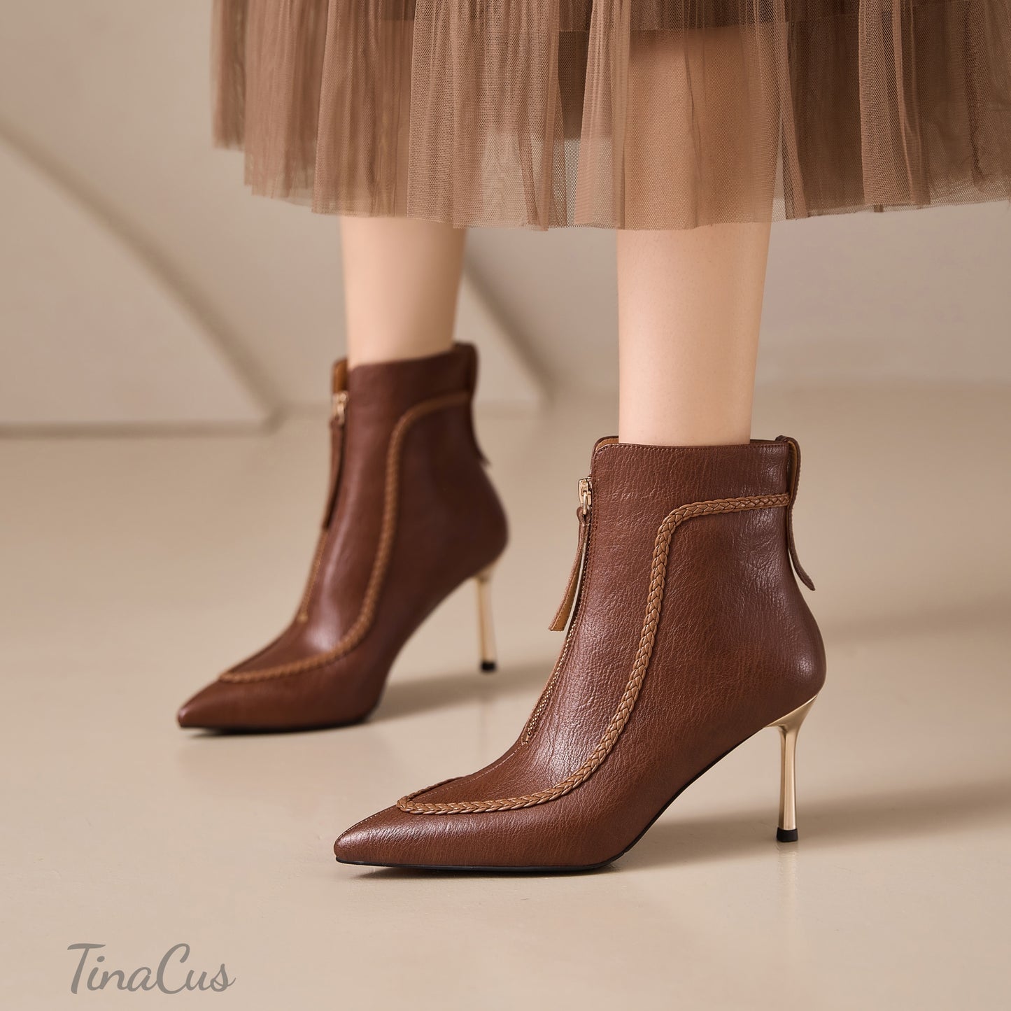 TinaCus Stiletto High Heels Ankle Boots Women's Pointed Toe Genuine Leather Handmade Front Zipper Booties