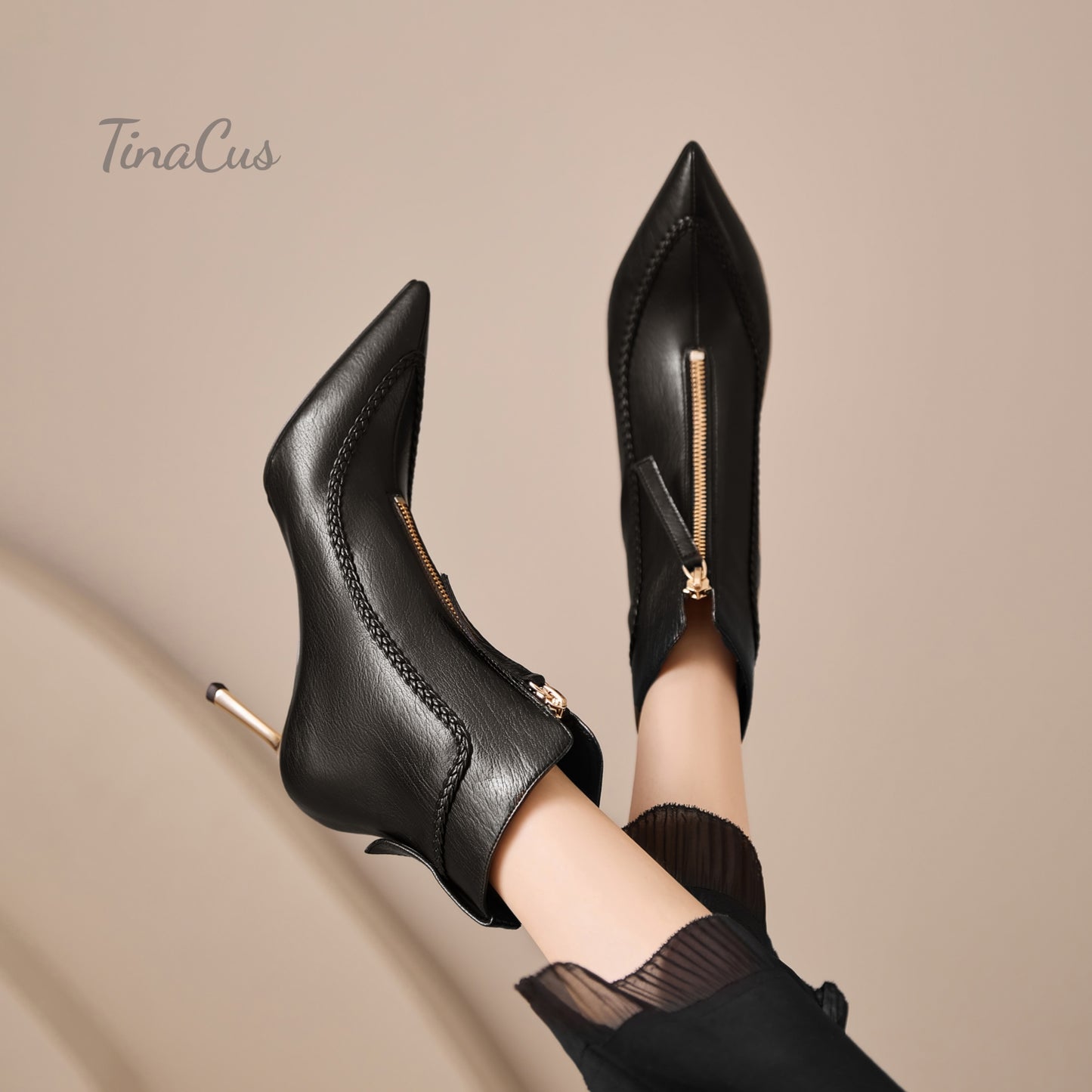 TinaCus Stiletto High Heels Ankle Boots Women's Pointed Toe Genuine Leather Handmade Front Zipper Booties