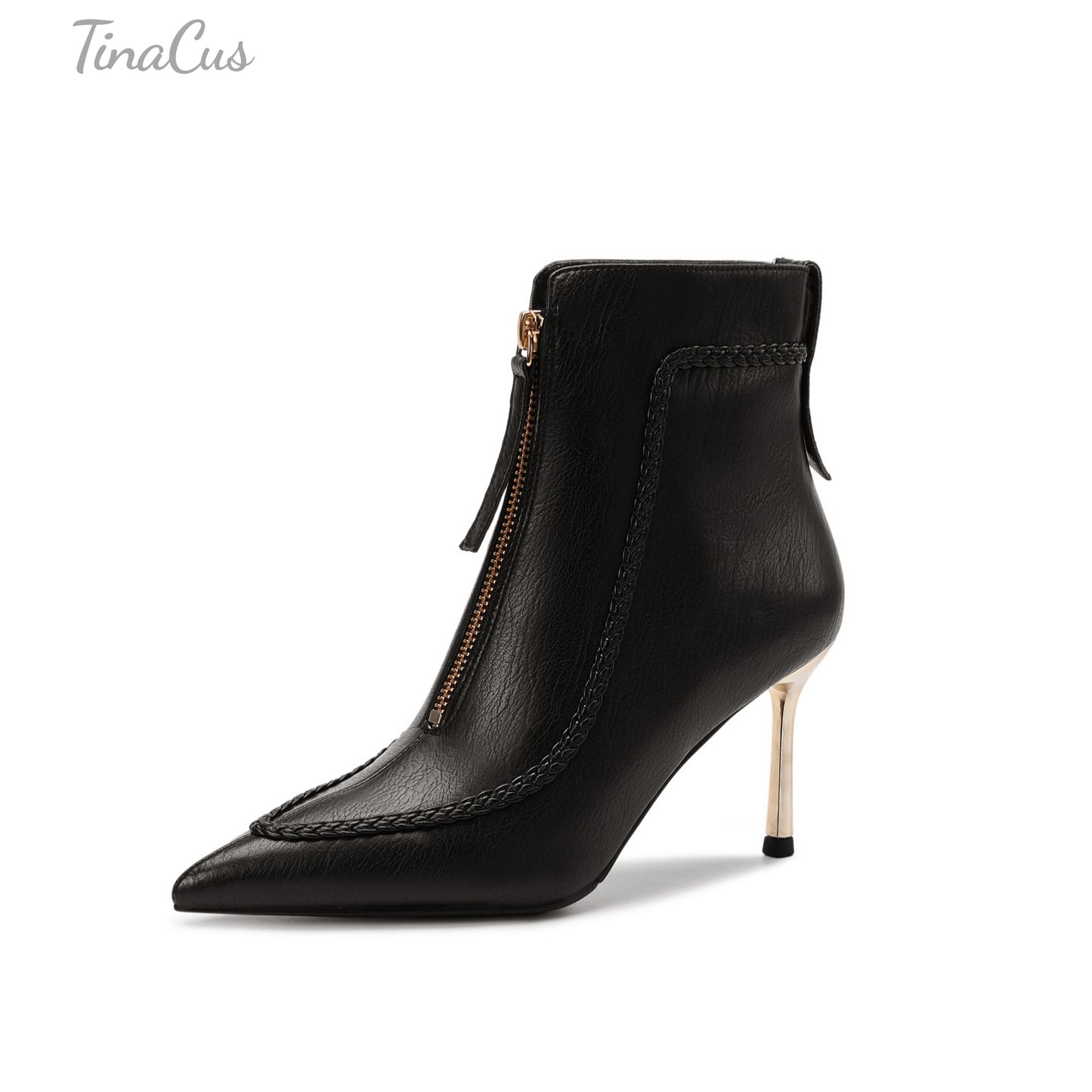 TinaCus Stiletto High Heels Ankle Boots Women's Pointed Toe Genuine Leather Handmade Front Zipper Booties