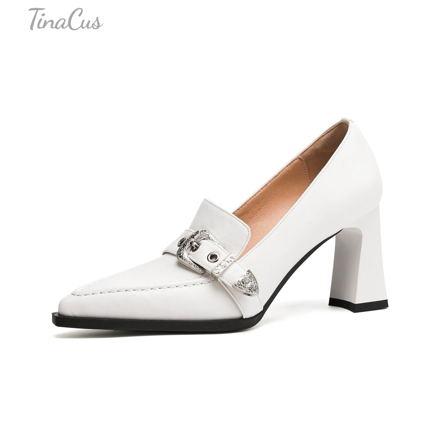 TinaCus Women's Pointed Toe Handmade Metal Buckle High Block Heels Trendy Pumps Shoes