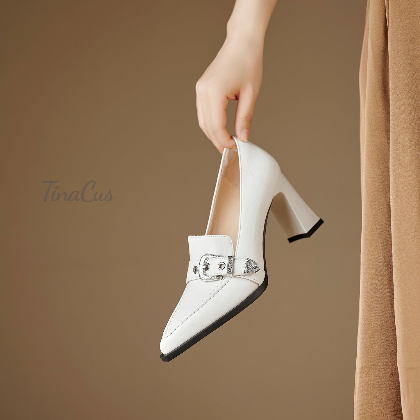 TinaCus Women's Pointed Toe Handmade Metal Buckle High Block Heels Trendy Pumps Shoes