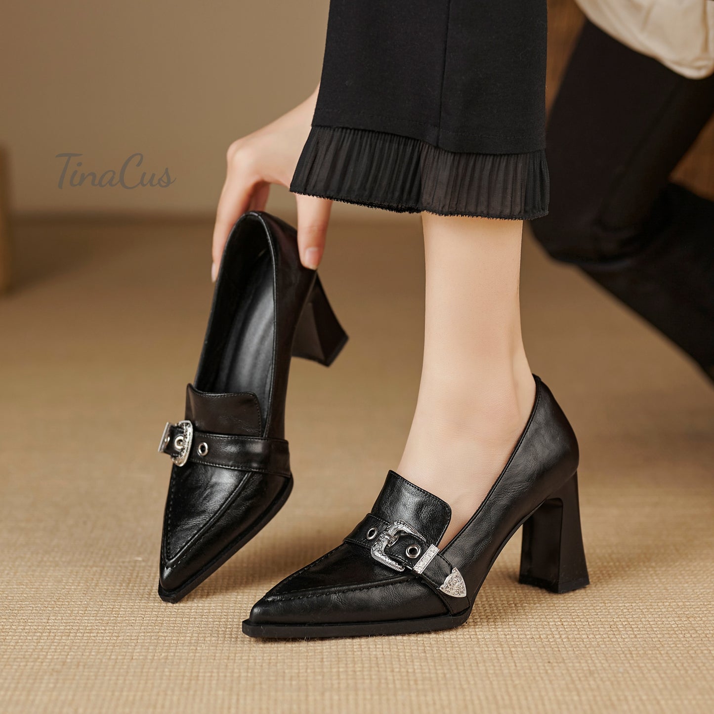 TinaCus Women's Pointed Toe Handmade Metal Buckle High Block Heels Trendy Pumps Shoes