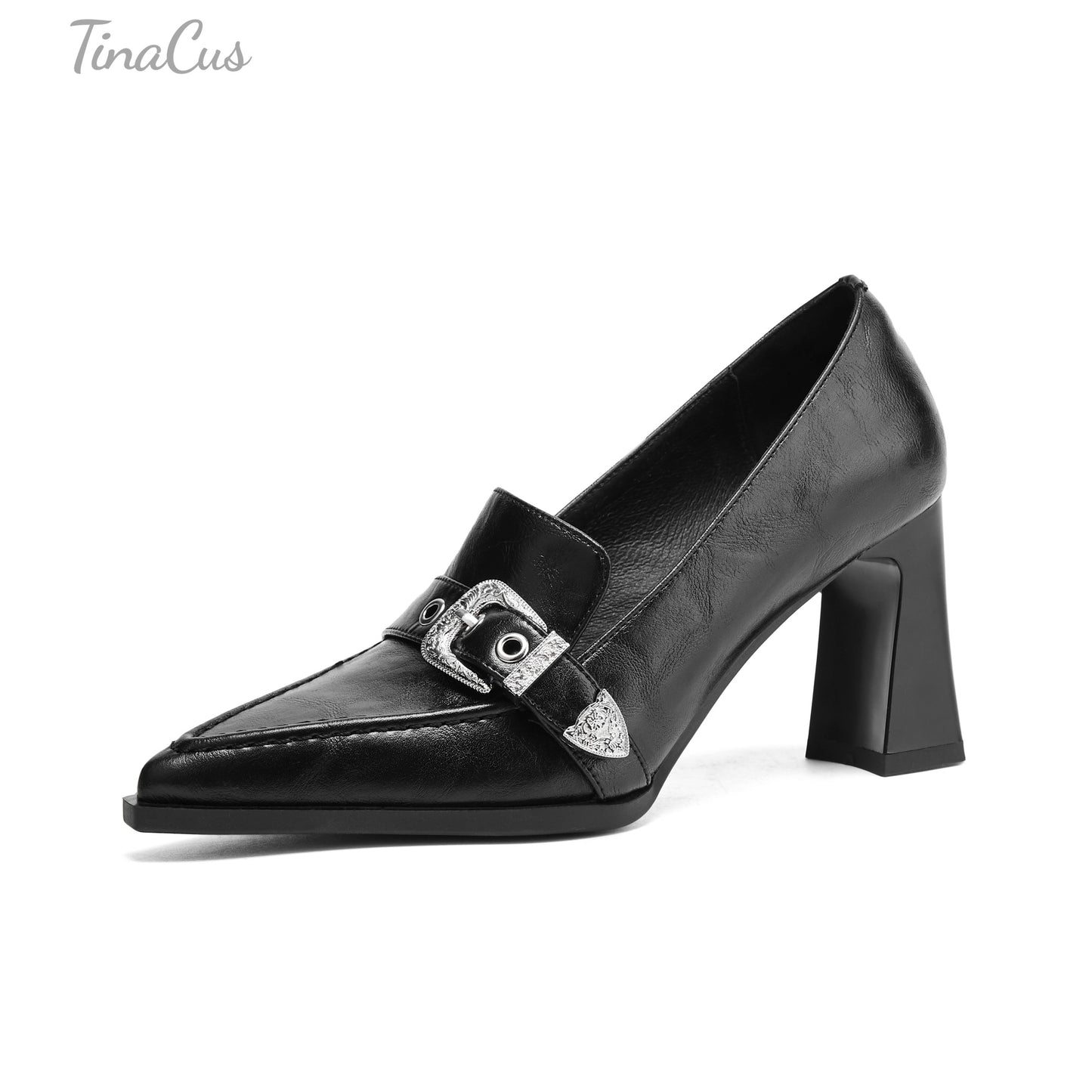 TinaCus Women's Pointed Toe Handmade Metal Buckle High Block Heels Trendy Pumps Shoes