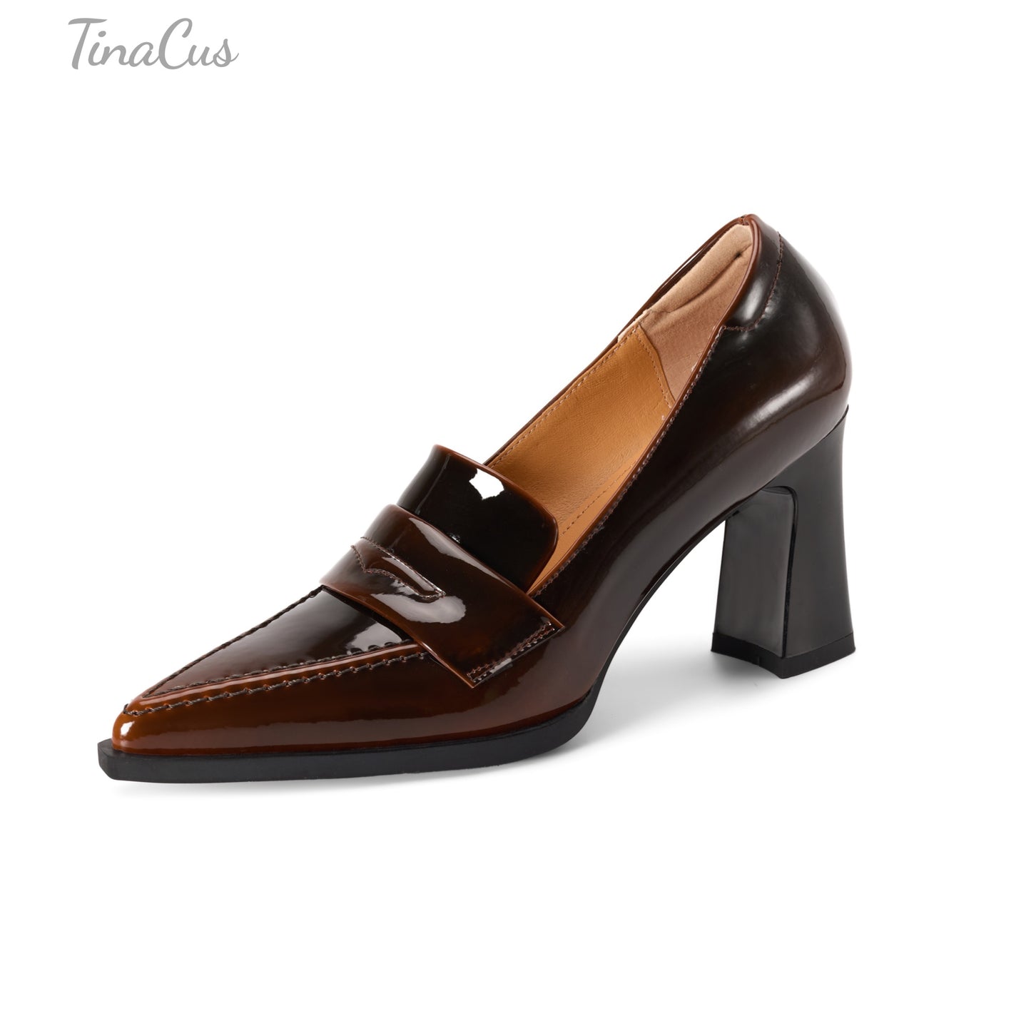 TinaCus Glossy Genuine Leather Women's Pointed Toe High Chunky Heels Slip on Pumps Shoes