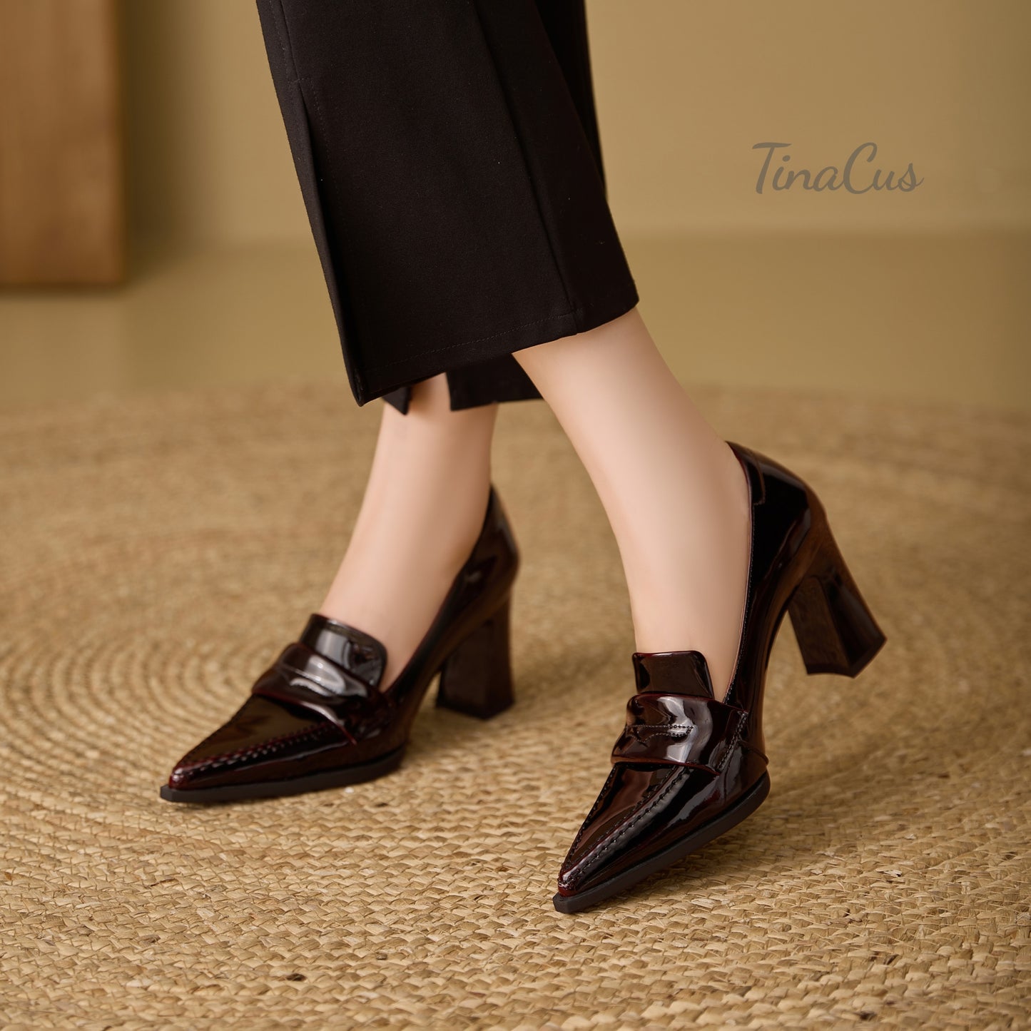 TinaCus Glossy Genuine Leather Women's Pointed Toe High Chunky Heels Slip on Pumps Shoes