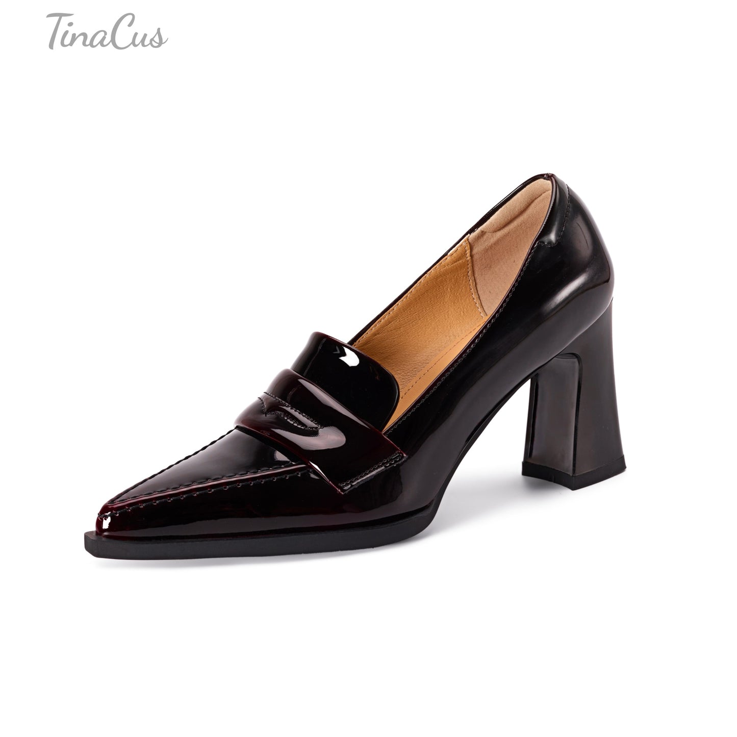 TinaCus Glossy Genuine Leather Women's Pointed Toe High Chunky Heels Slip on Pumps Shoes