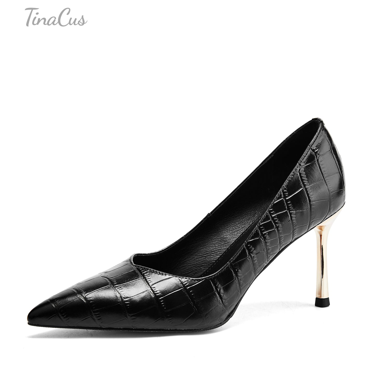 TinaCus Embossed Genuine Leather Women's Pointed Toe Handmade Stiletto Heels Chic Pumps Shoes