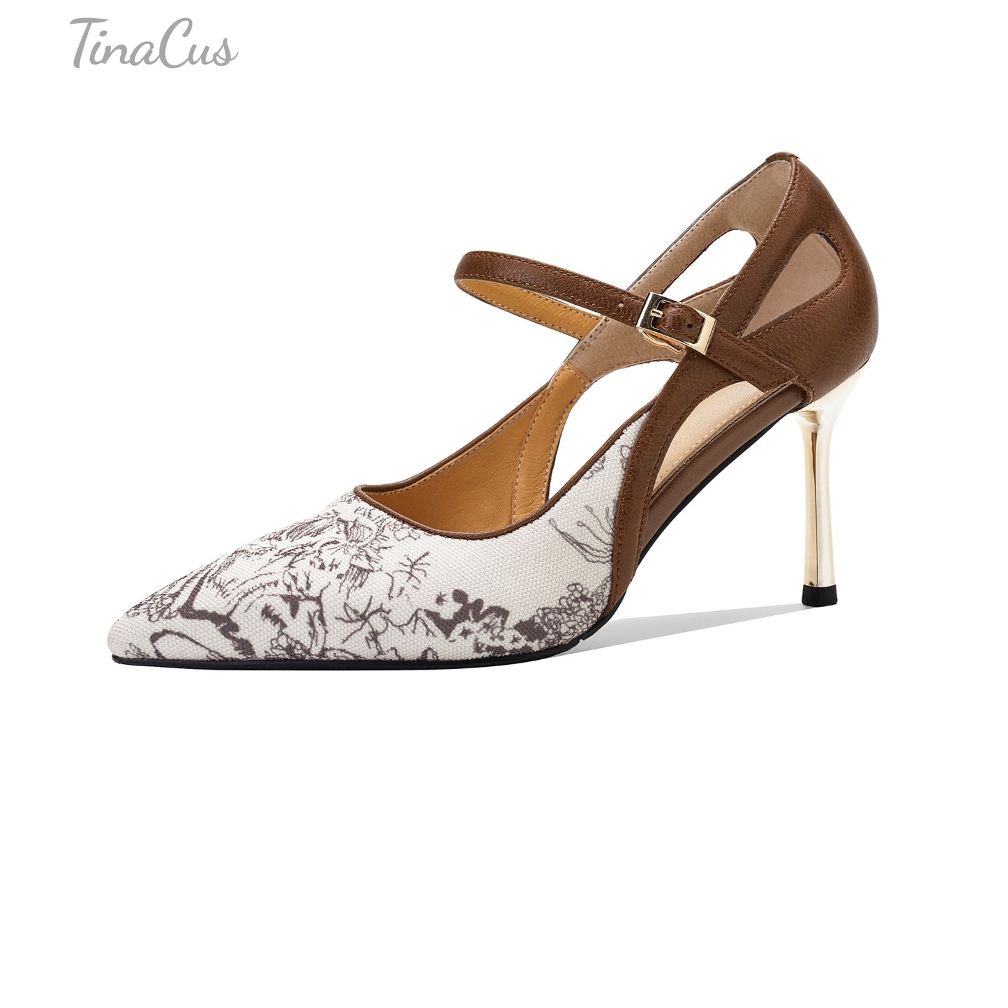 TinaCus Women's Pointed Toe Genuine Leather with Print Fabric Handmade Strap Buckle Stiletto High Heels Pumps Shoes