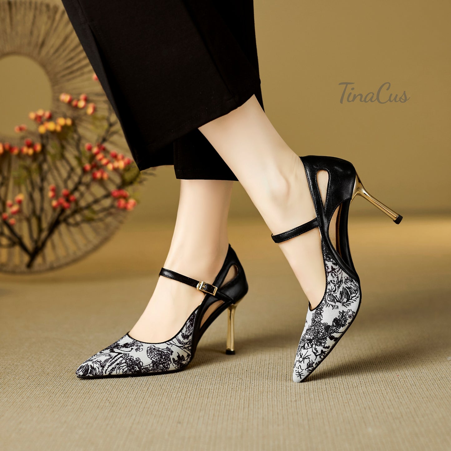 TinaCus Women's Pointed Toe Genuine Leather with Print Fabric Handmade Strap Buckle Stiletto High Heels Pumps Shoes