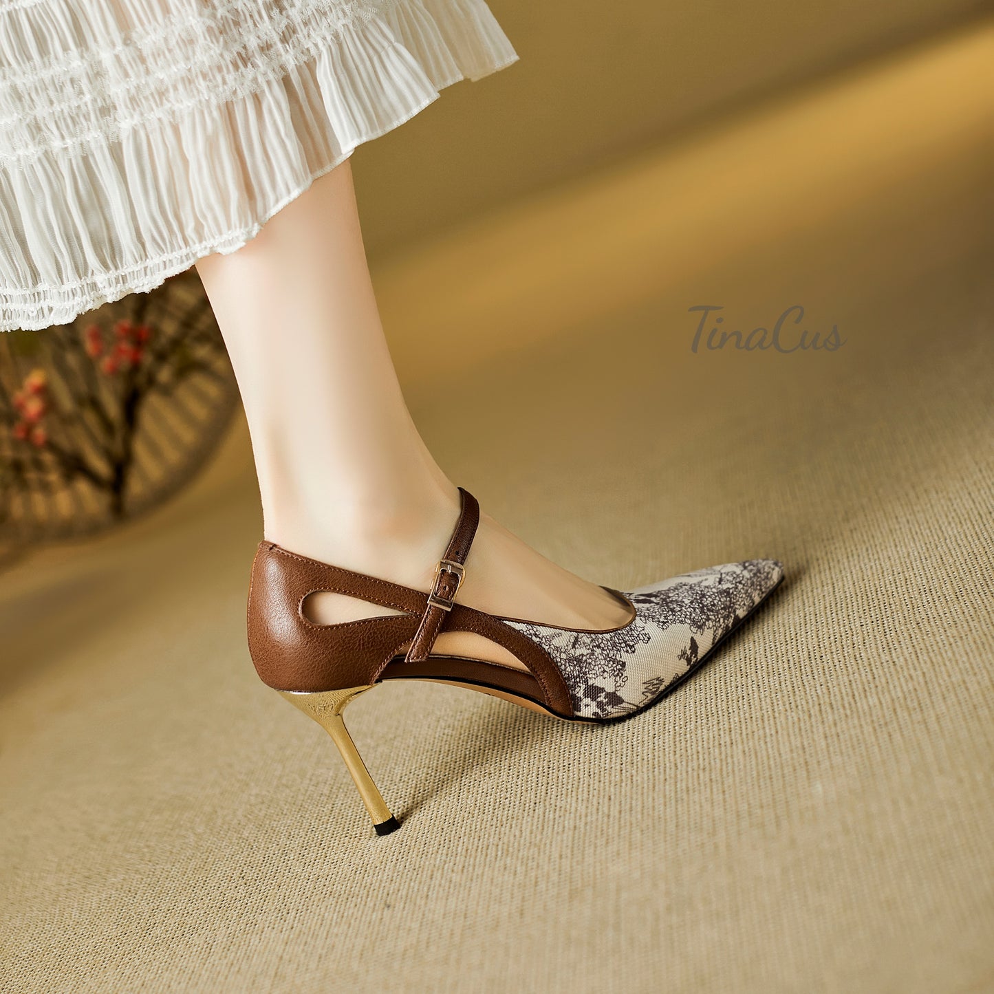 TinaCus Women's Pointed Toe Genuine Leather with Print Fabric Handmade Strap Buckle Stiletto High Heels Pumps Shoes