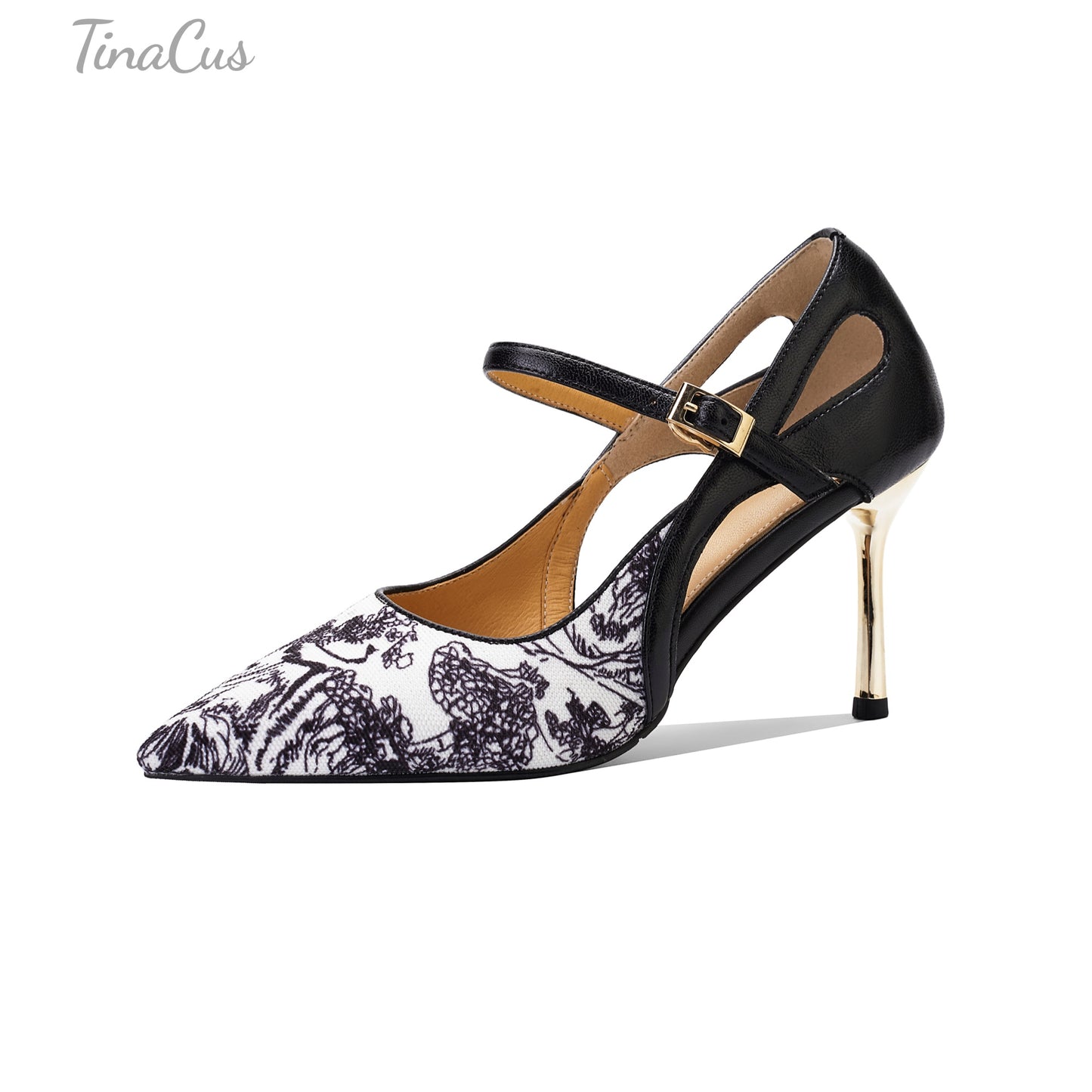 TinaCus Women's Pointed Toe Genuine Leather with Print Fabric Handmade Strap Buckle Stiletto High Heels Pumps Shoes