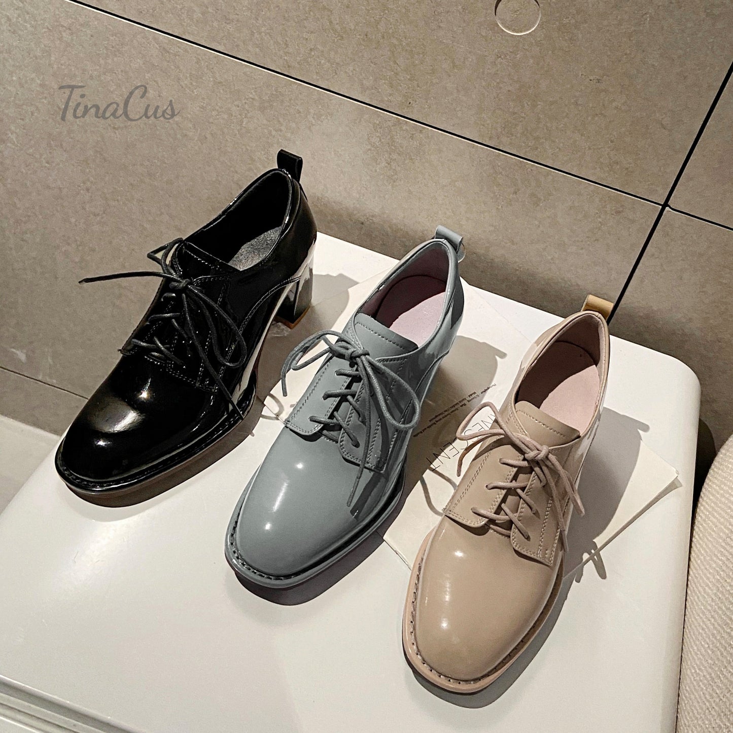 TinaCus Women's Glossy Patent Leather Handmade Round Toe Selftie Mid Chunky Heels Casual Oxford Shoes