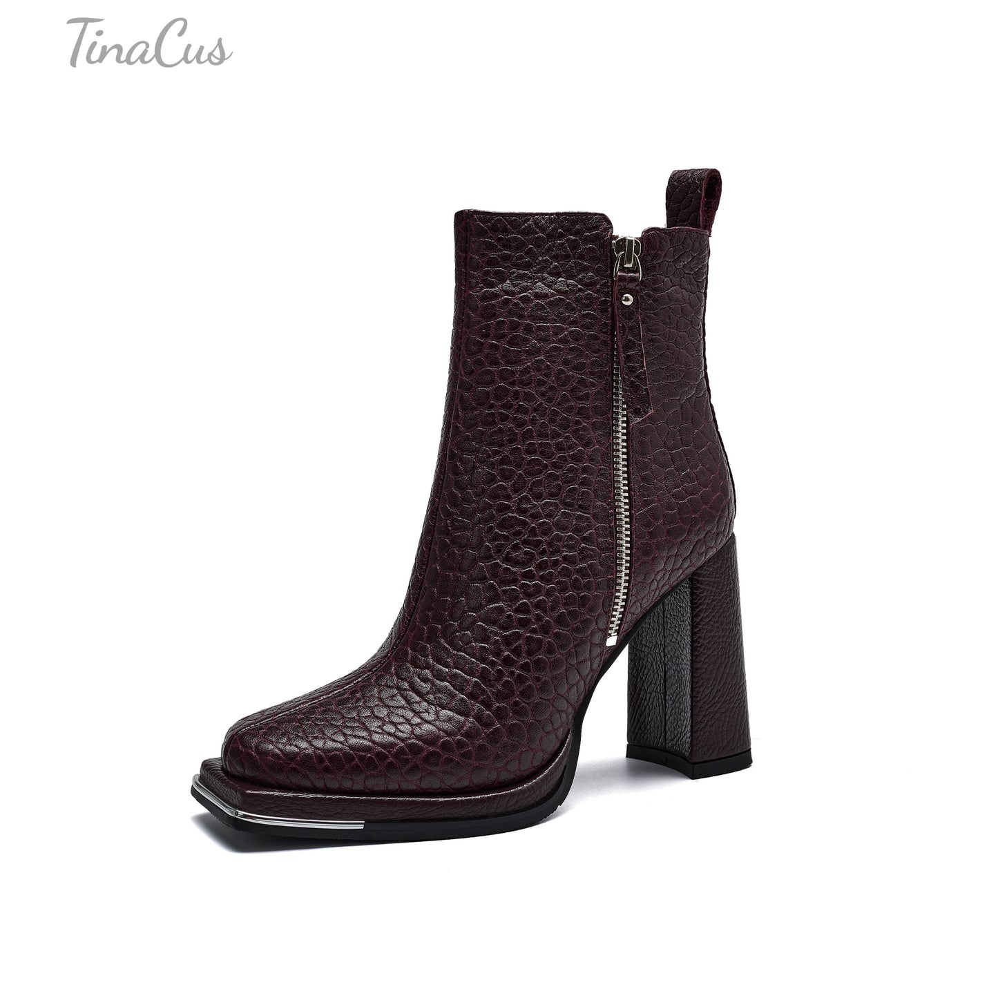 TinaCus High Chunky Heels Zip up Ankle Boots Embossed Genuine Leather Handmade Square Toe Women's Booties