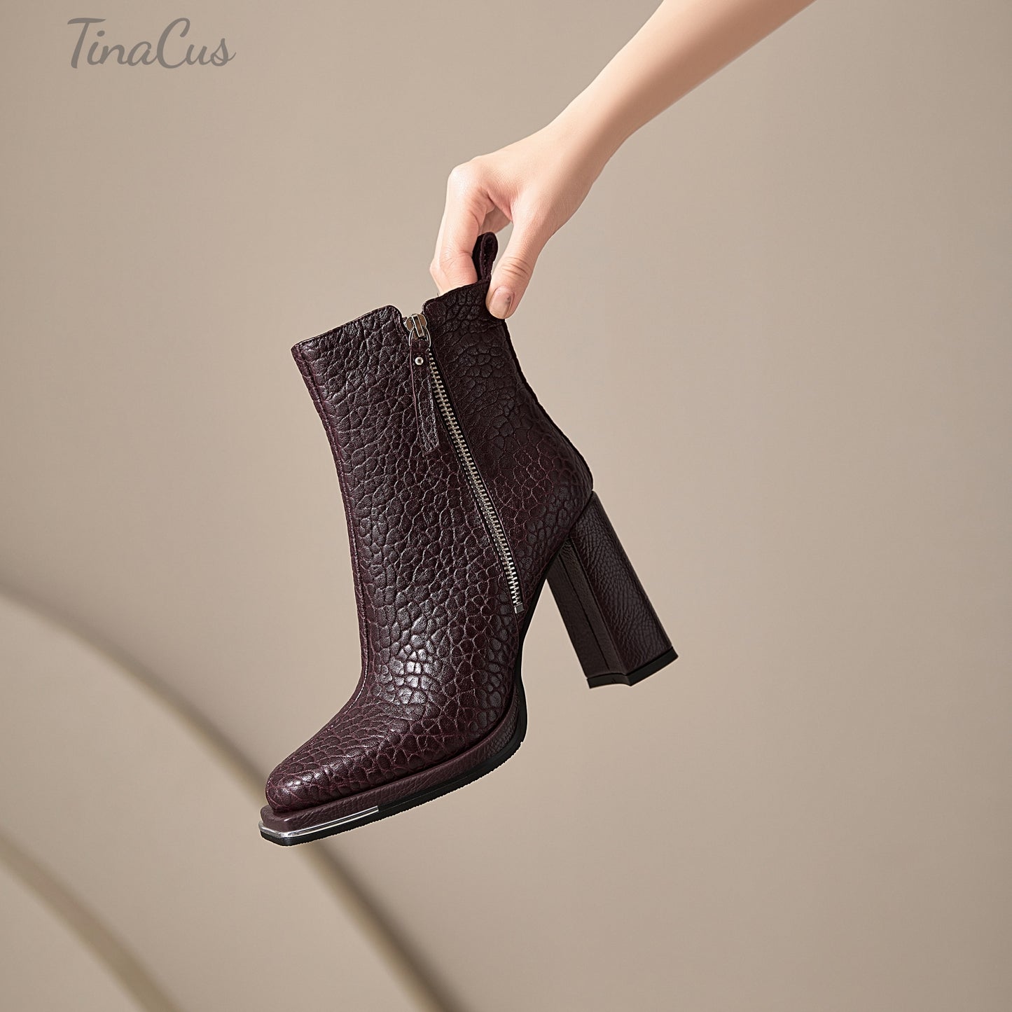 TinaCus High Chunky Heels Zip up Ankle Boots Embossed Genuine Leather Handmade Square Toe Women's Booties