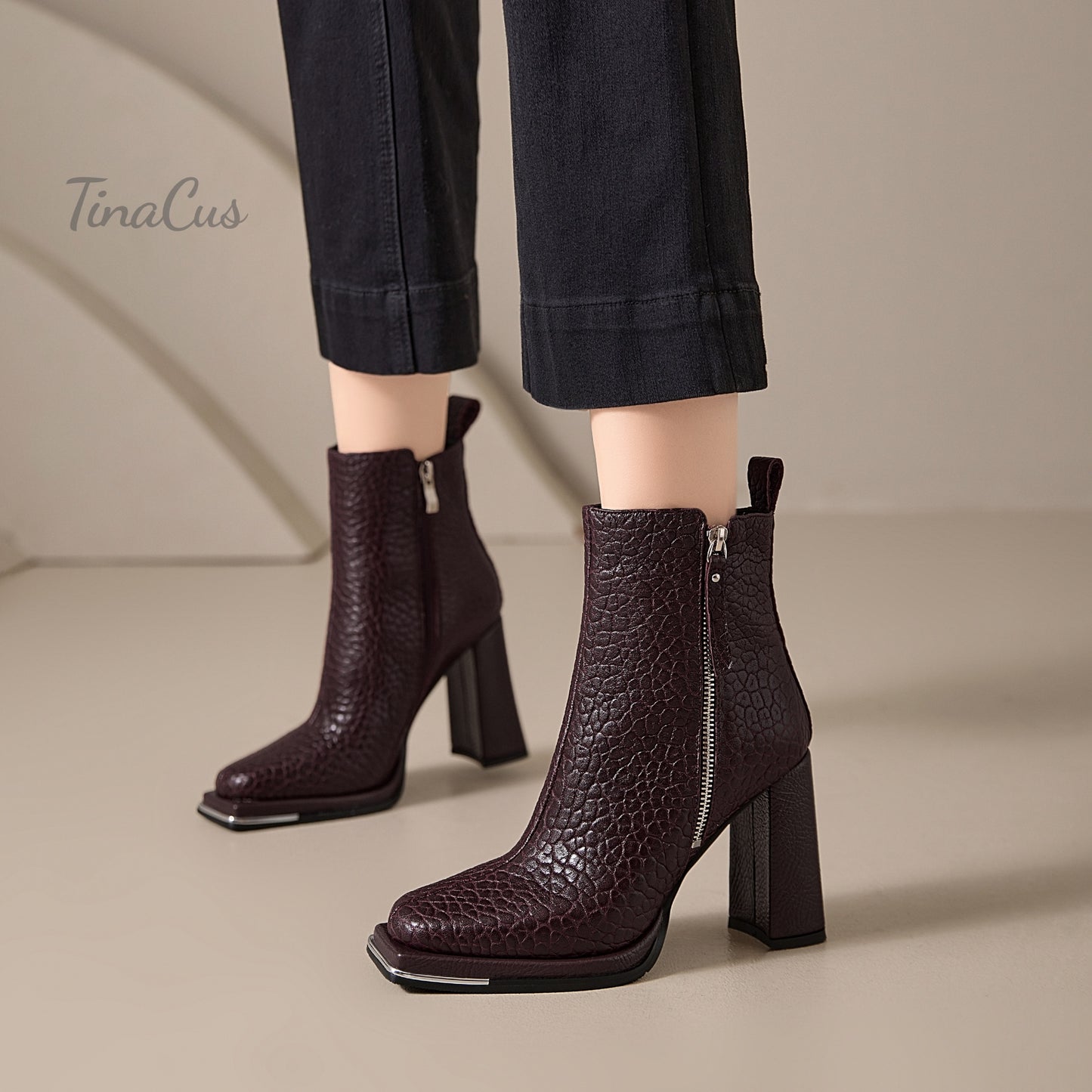 TinaCus High Chunky Heels Zip up Ankle Boots Embossed Genuine Leather Handmade Square Toe Women's Booties