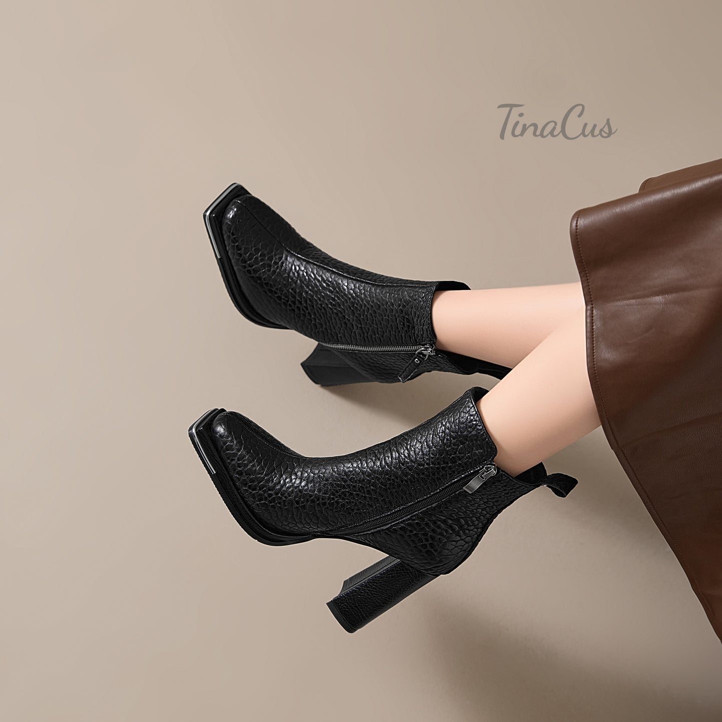 TinaCus High Chunky Heels Zip up Ankle Boots Embossed Genuine Leather Handmade Square Toe Women's Booties