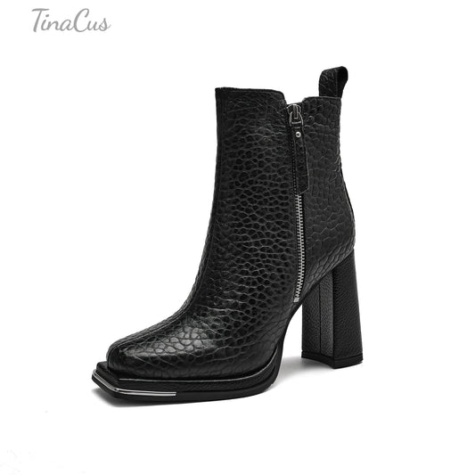 TinaCus High Chunky Heels Zip up Ankle Boots Embossed Genuine Leather Handmade Square Toe Women's Booties
