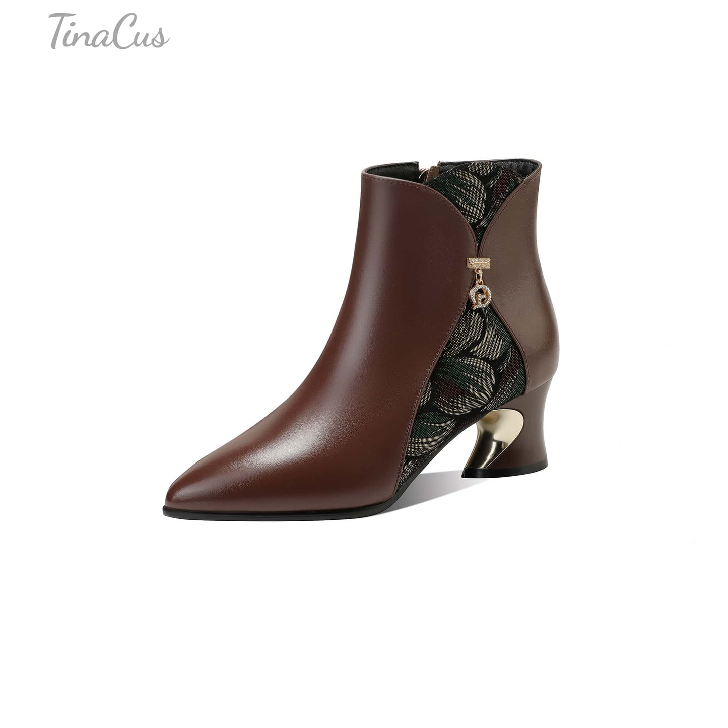 TinaCus Women's Genuine Leather Ankle Booties Handmade Pendant Printed Side Zipper Pointed Toe Chunky Heel