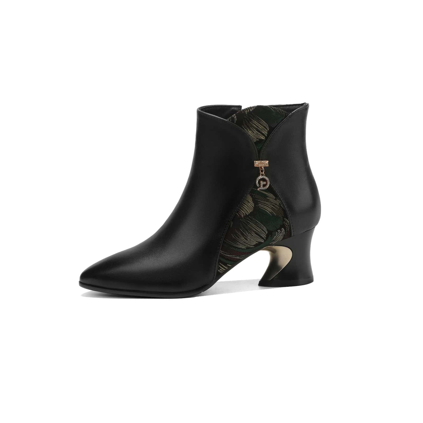 TinaCus Women's Genuine Leather Ankle Booties Handmade Pendant Printed Side Zipper Pointed Toe Chunky Heel