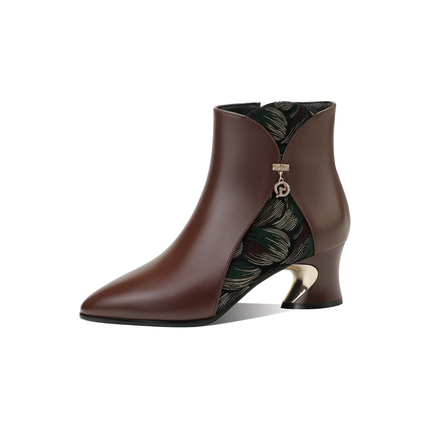 TinaCus Women's Genuine Leather Ankle Booties Handmade Pendant Printed Side Zipper Pointed Toe Chunky Heel