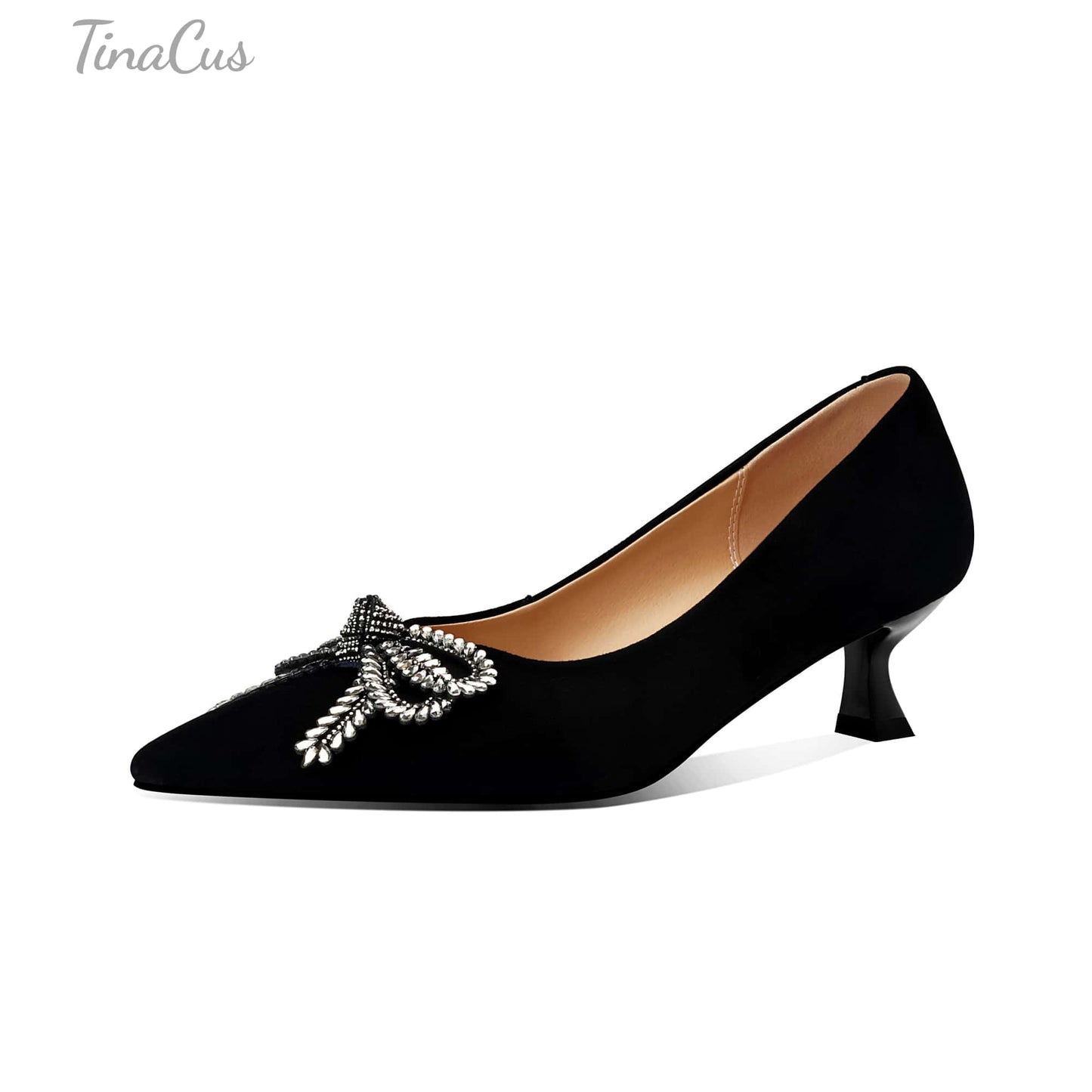 TinaCus Women's Kitten Heel Pumps Handmade Suede Leather Rhinestone Bow Pointed Toe Dress Shoes Wedding Business