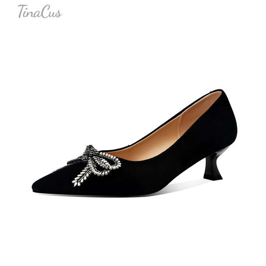TinaCus Women's Kitten Heel Pumps Handmade Suede Leather Rhinestone Bow Pointed Toe Dress Shoes Wedding Business