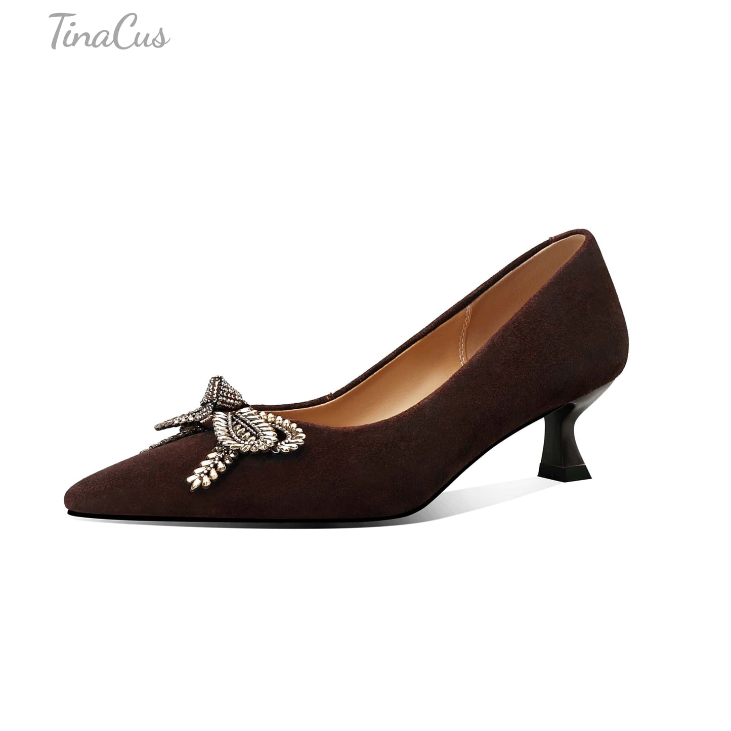 TinaCus Women's Kitten Heel Pumps Handmade Suede Leather Rhinestone Bow Pointed Toe Dress Shoes Wedding Business