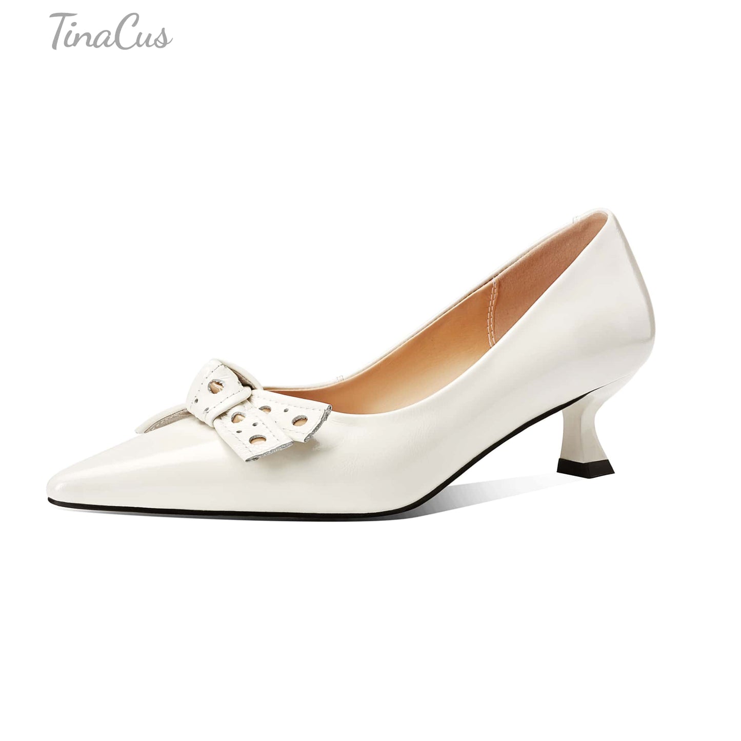 TinaCus Women's Kitten Heel Pumps Handmade Genuine Leather Bowknot with Holes Pointed Toe Dress Shoes Wedding Business