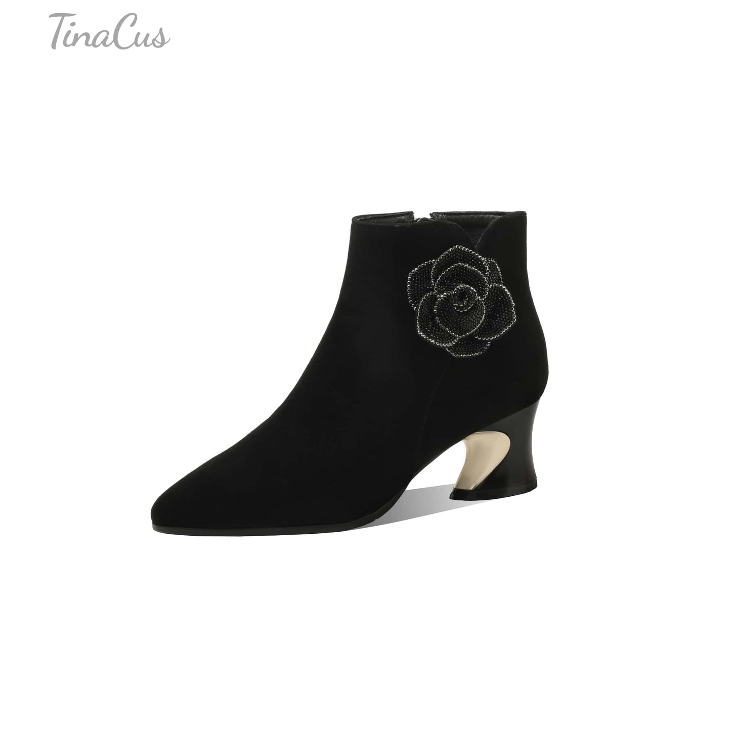 TinaCus Women's Rhinestone Booties Suede Leather Handmade Floral Side Zipper Pointed Toe Chunky Heel