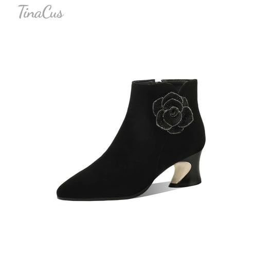 TinaCus Women's Rhinestone Booties Suede Leather Handmade Floral Side Zipper Pointed Toe Chunky Heel