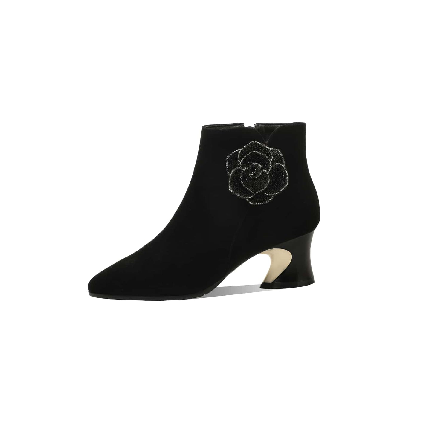 TinaCus Women's Rhinestone Booties Suede Leather Handmade Floral Side Zipper Pointed Toe Chunky Heel