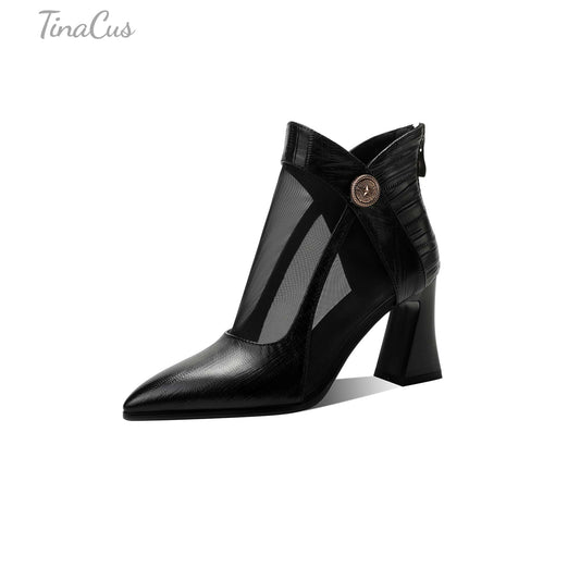 TinaCus Handmade Women's Leather&Mesh V-cutting Pointed Toe Back Zip Ankle Booties