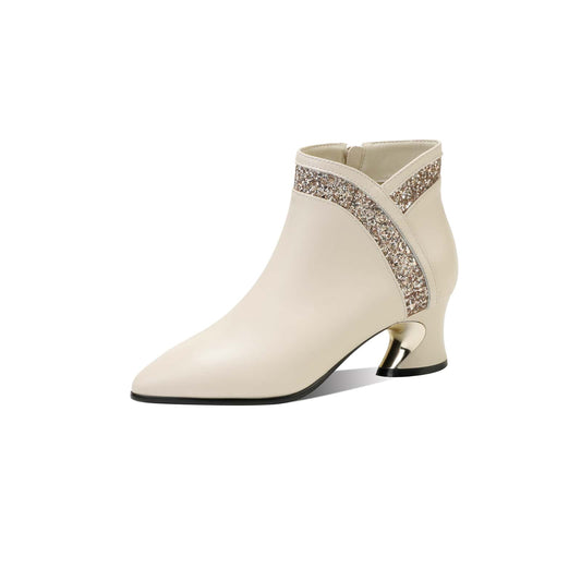 TinaCus Women's Leather Ankle Booties Handmade Sequins Side Zipper Pointed Toe Chunky Heel