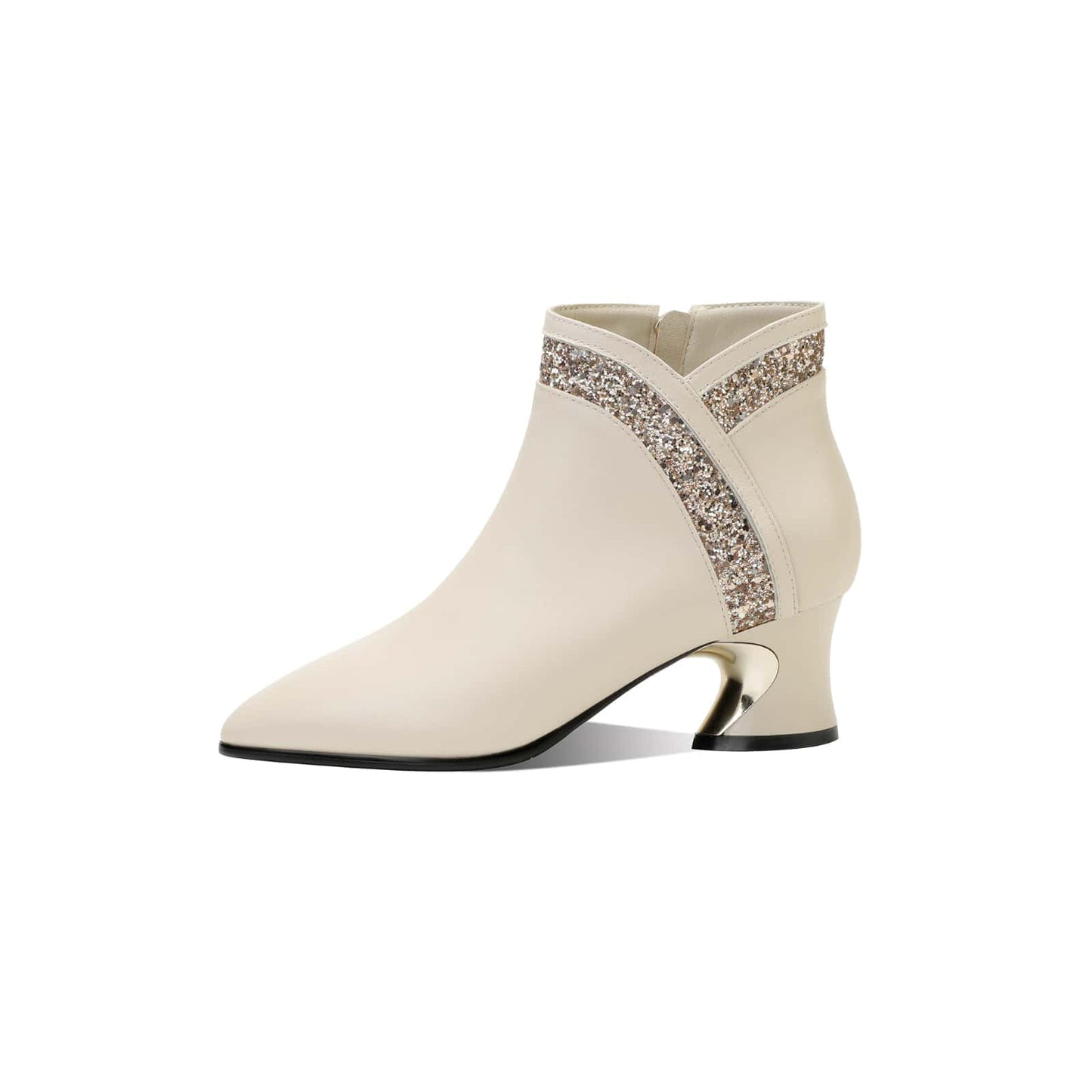 TinaCus Women's Leather Ankle Booties Handmade Sequins Side Zipper Pointed Toe Chunky Heel