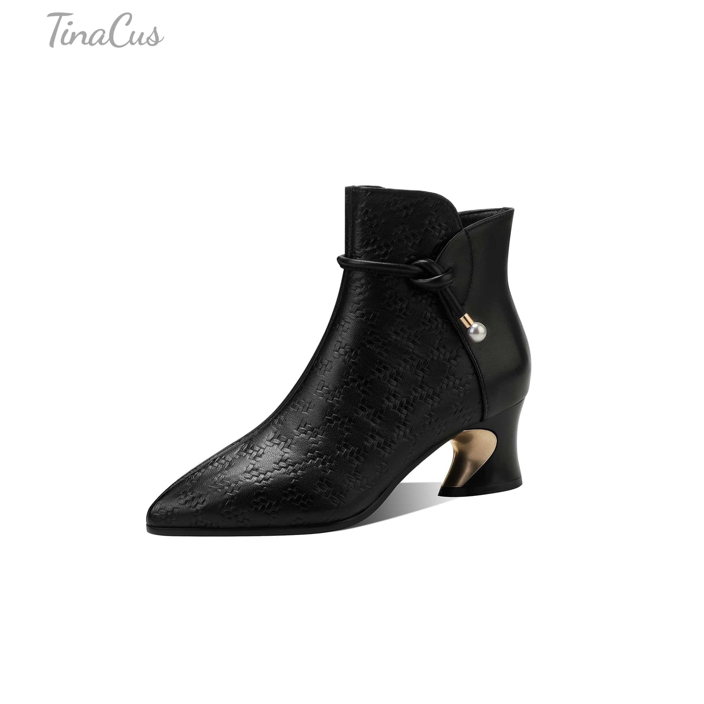 TinaCus Women's Leather Ankle Booties Handmade Embossed Side Zipper Pointed Toe Chunky Heel