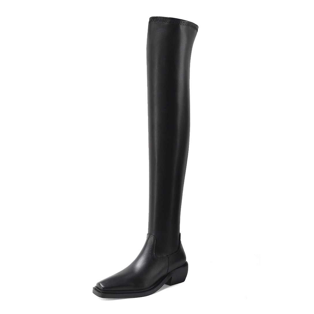 TinaCus Women's Genuine Leather Square Toe Handmade Low Chunky Heel Slip On Over Knee Boots