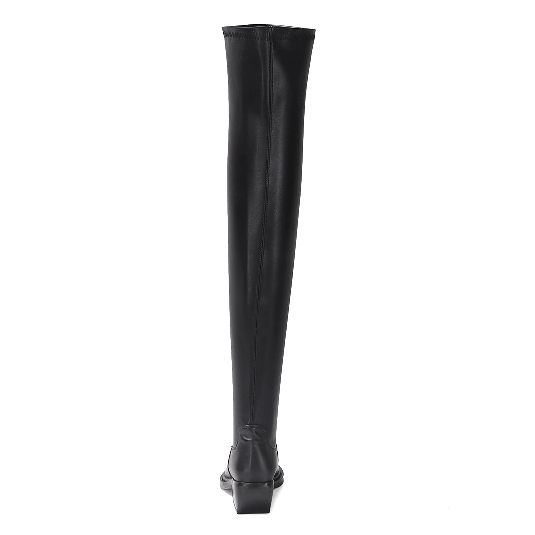TinaCus Women's Genuine Leather Square Toe Handmade Low Chunky Heel Slip On Over Knee Boots