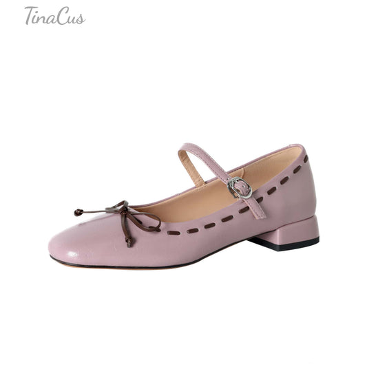 TinaCus Women's Genuine Leather Ballet Flats Handmade Square Toe Bowknot Buckle Strap Dress Mary Jane Shoes
