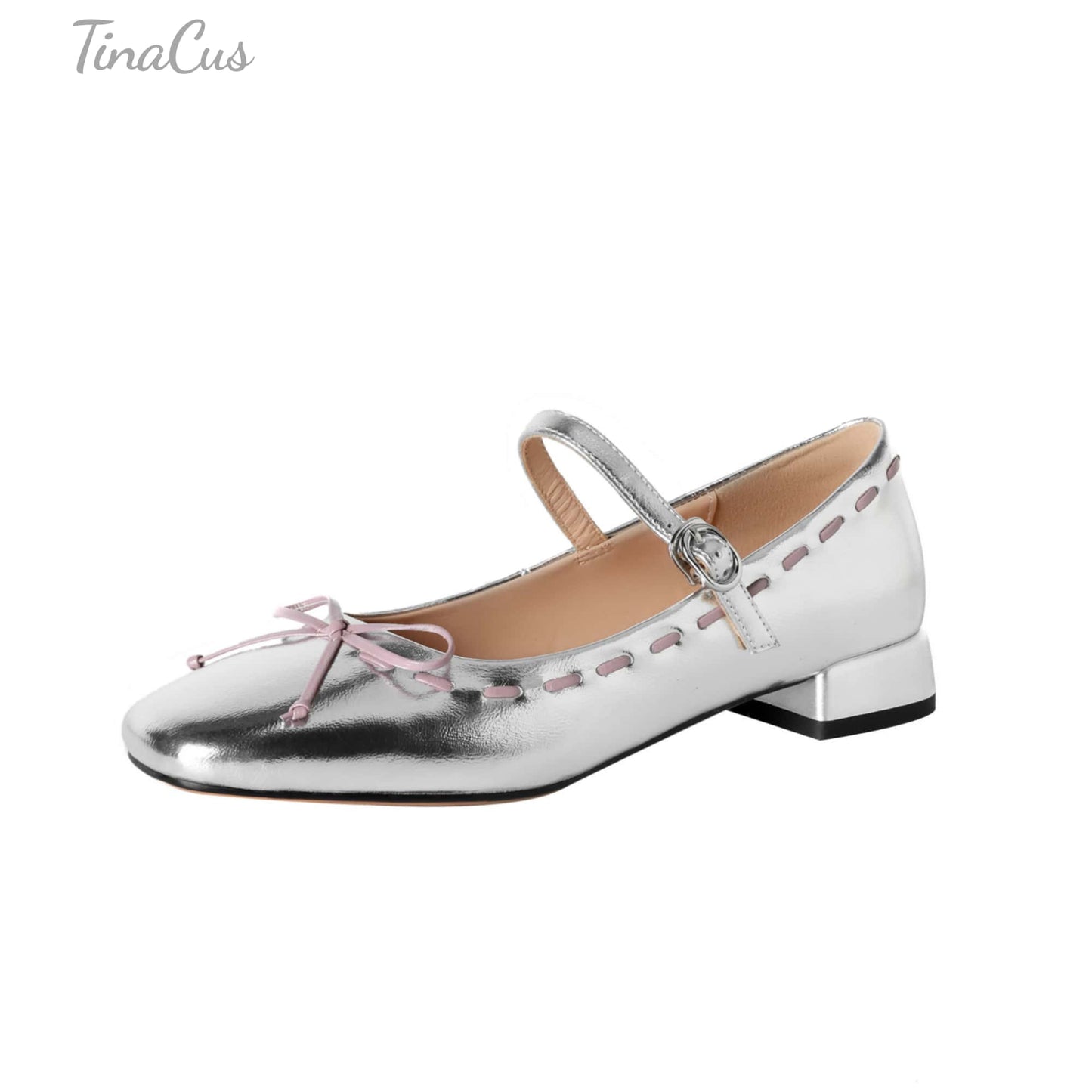 TinaCus Women's Genuine Leather Ballet Flats Handmade Square Toe Bowknot Buckle Strap Dress Mary Jane Shoes