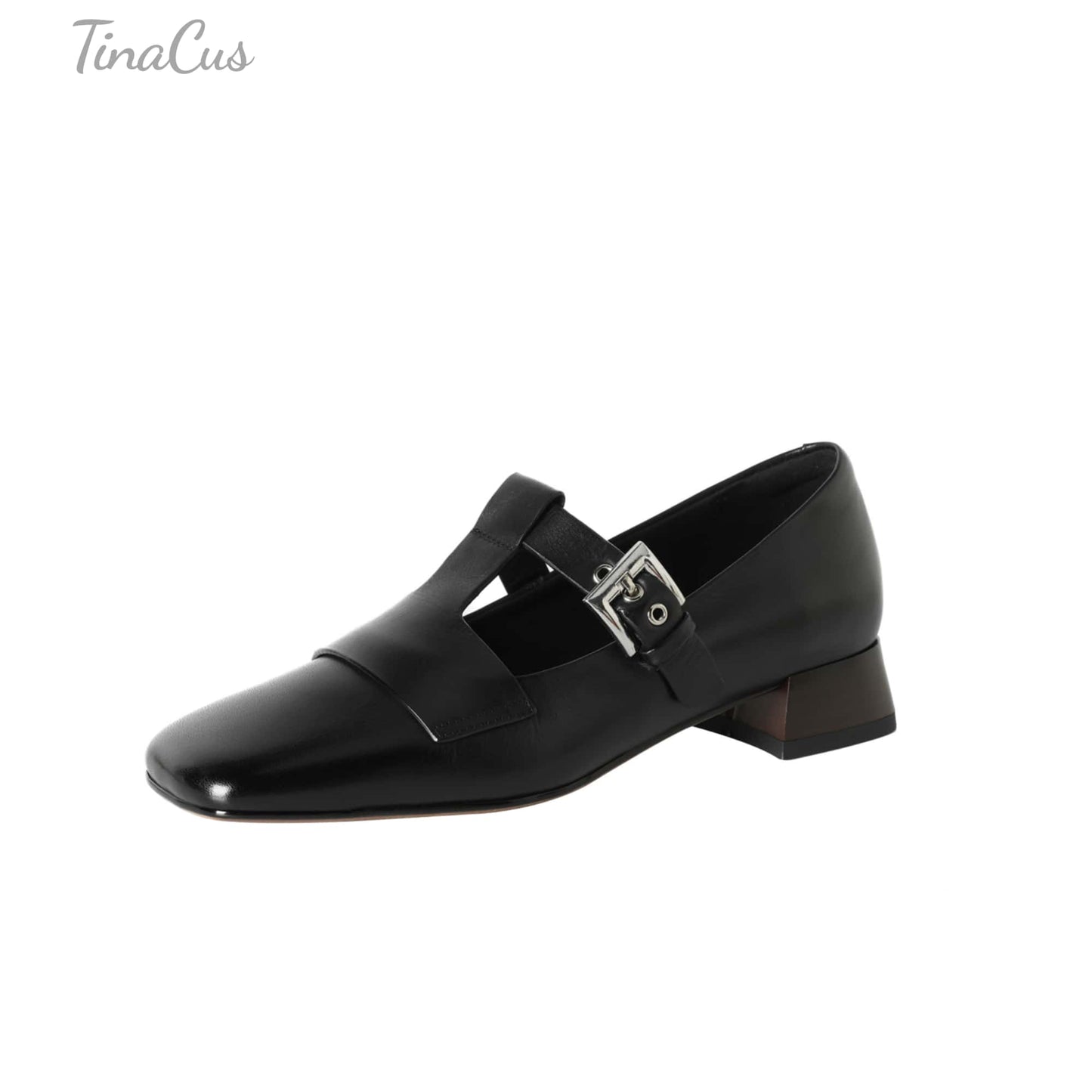 TinaCus Women's Genuine Leather Mary Jane Shoes Handmade Square Toe T-Strap Buckle Loafers