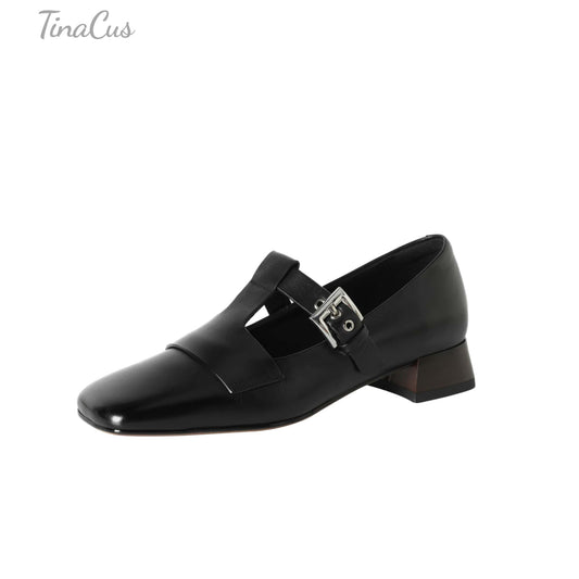 TinaCus Women's Genuine Leather Mary Jane Shoes Handmade Square Toe T-Strap Buckle Loafers