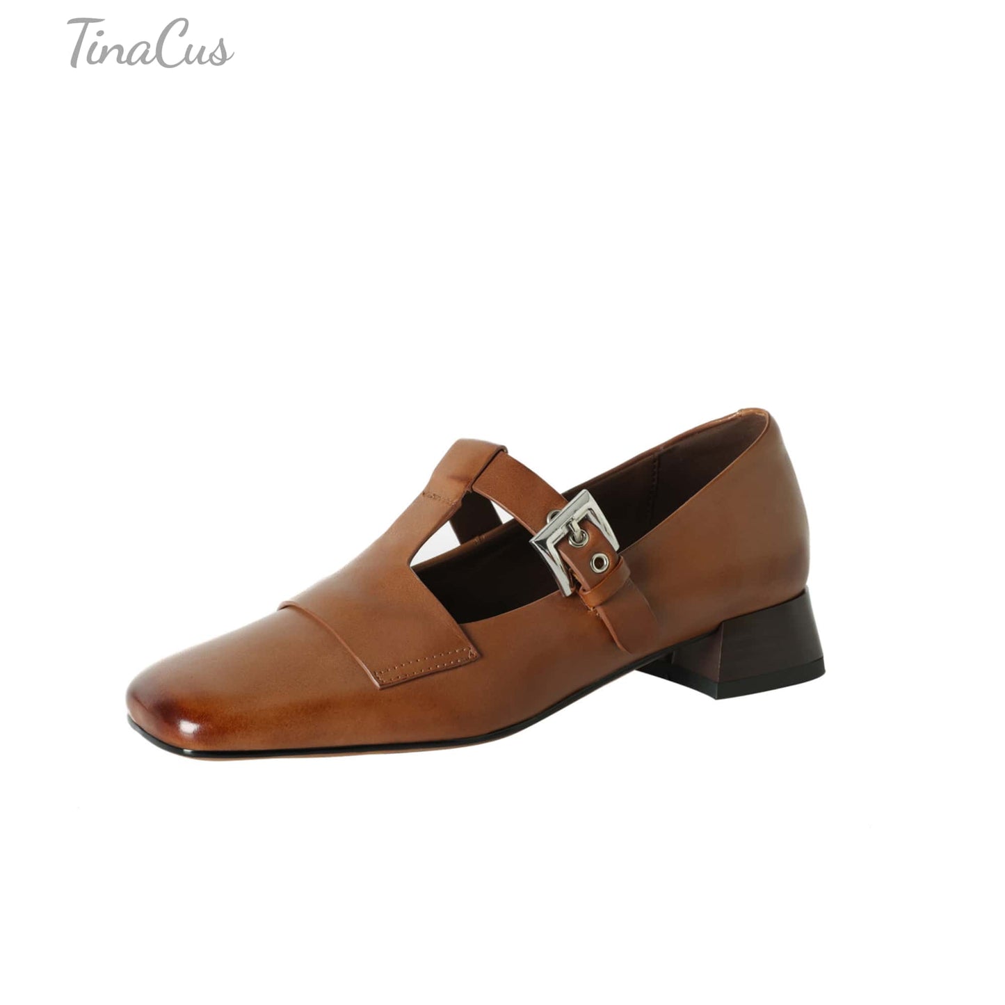 TinaCus Women's Genuine Leather Mary Jane Shoes Handmade Square Toe T-Strap Buckle Loafers
